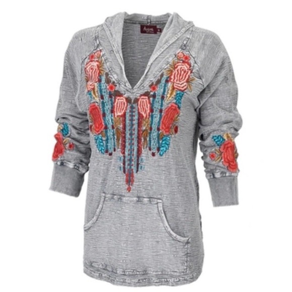 Embroidered Gray Hoodie Womens Boho Hippie Tribal Southwestern Lightweight S - Picture 1 of 14